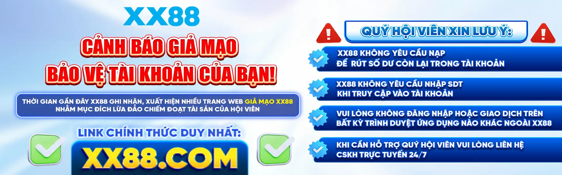 Banner XX88 cảnh báo
